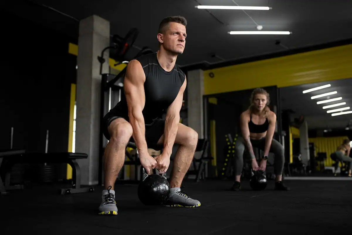 Bărbat care ridică o greutate kettlebell într-o sală de forță
