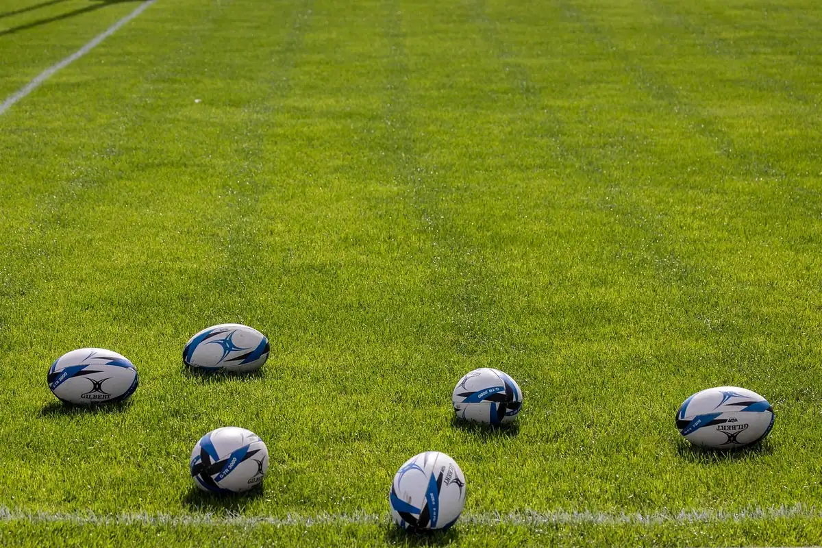 Mai multe mingi de rugby așezate pe gazonul unui teren de antrenament