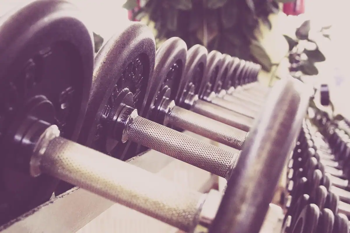 Rastel cu gantere într-o sală de fitness goală, echipament pentru antrenamentul cu greutăți