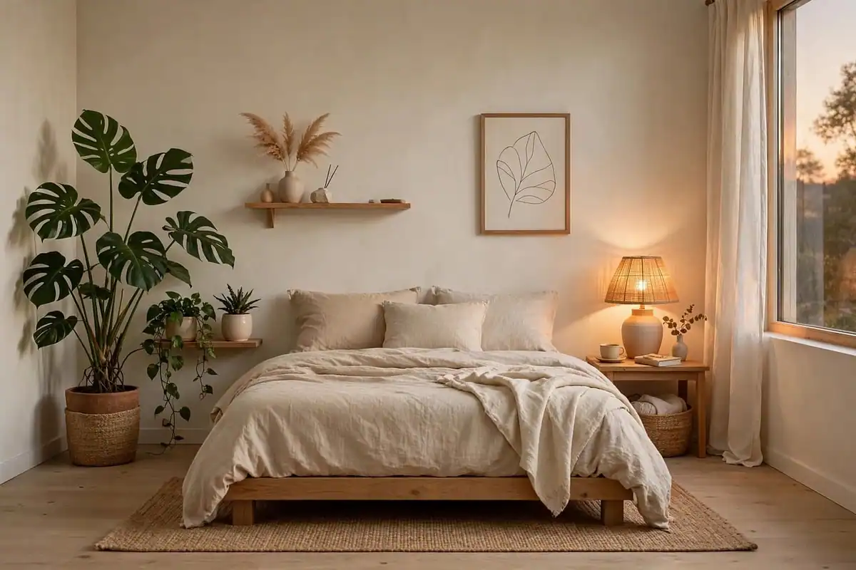 Dormitor luminos, cu pat, lampă și plantă decorativă lângă fereastră